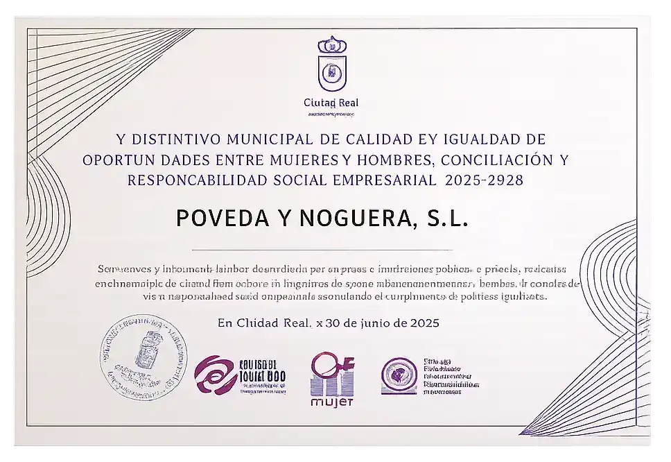 Diploma del Premio de Calidad en Igualdad concedido a Poveda y Noguera